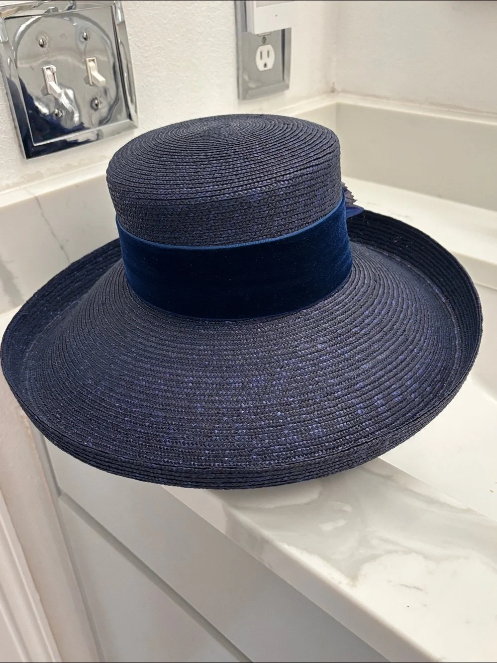 NWOT Vintage Tahari Navy Floral Hat with Decorative Blooms Velvet Trim Ribbon
